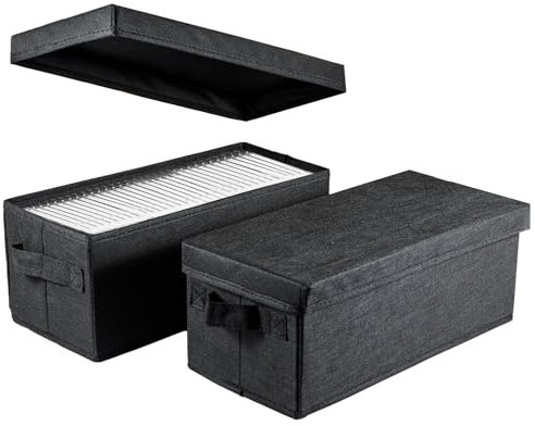 JF HOME BLISS CD Storage Boxes - Set of 2 CD Case Storage Foldable Boxes with Lids 14x6.7x5.5 Small Basket Holds 30 CDs in Full Jewel Cases 60 CDs in Slim Cases 165 Discs in CD Sleeves Black