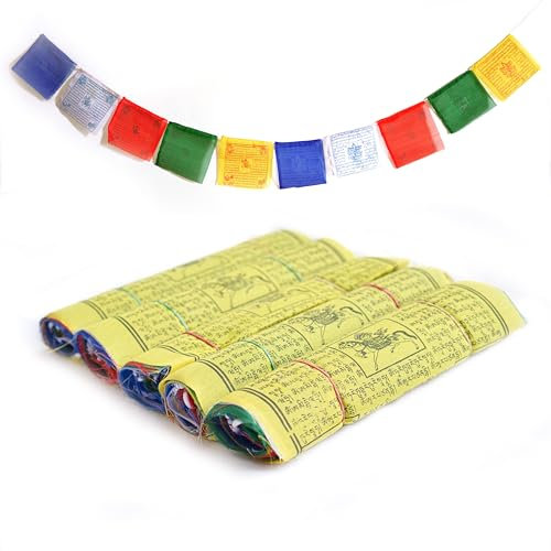 Bandiera di Preghiera Tibetana, Fatta a Mano in Nepal, Manta della Pace, Per la meditazione, lo yoga, il giardino della pace, confezione da 5 set (Grande set di 25 bandiere)