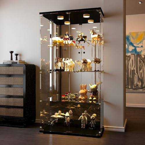 HYNHXBP Vetrina in Vetro a 4 Ripiani con LED, Vetrinetta Espositiva con 2 Ante e Serratura, Vetrina Soggiorno Moderna, per Camera da Letto, Soggiorno e Sala da Pranzo, 80,5x36,3x164,3 cm, Nero