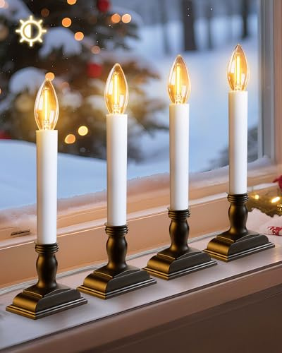 otnofok Window Candles with Sensor Dusk to Dawn Electric Corded, 9.6'' Plug-in LED Window Candle Lights with Black Holder and 6ft Cord, Christmas Candles for Windows Decoration, UL Listed, 4 Pack