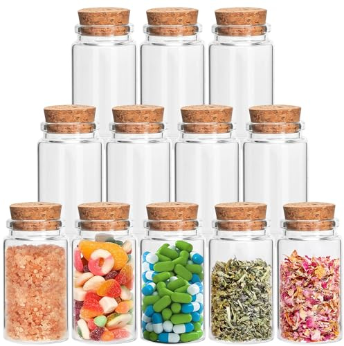 Acetiti 12 Stück 100ml Mini Glasflaschen mit Korken, 47X85mm Kleine Flaschen zum Befüllen Mini Gläser Wunschflasche Gewürzgläser für Hochzeit Party Geschenk DIY Basteln Dekoration