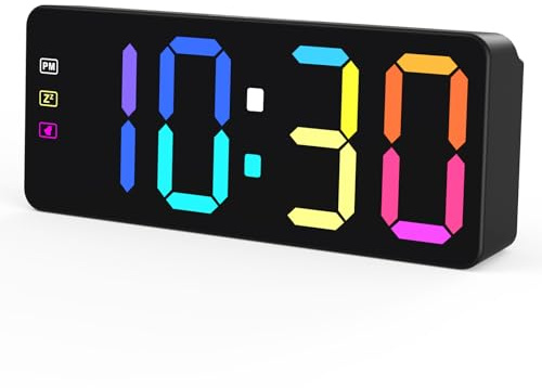 KWANWA Digital Alarm Clock with RGB LED Display - Battery Backup, Snooze Function, Mains Powered Bedside Clock for Home, Office (Adapter Included)