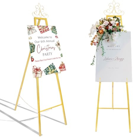 HOYWOUL Wedding Easel Stand for Signs, 60 Metal Easel for Christmas Party Welcome Signs, Large Adjustable Display Stand for Wedding Baby Shower Birthday, with Chain Support, Easy Required (Gold)