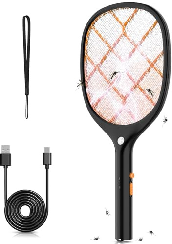 YISSVIC Racchetta Zanzare Elettrica 4000V, USB Ricaricabile, Luce LED, Protezione Maglia a 3 Strati Scacciamosche Elettrica Adatto per Casa Cucina Interni e Esterni Nero/Arancione