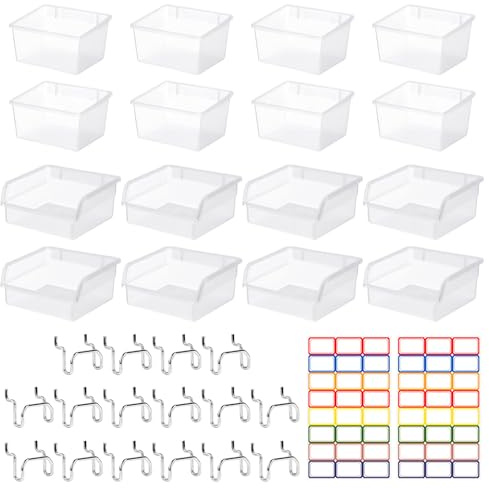 32 Pcs Kit Accessori per Pannello Forato, 16 Scatola Trasparente e 16 Ganci per Pannelli Forati, Gancio per Portautensili Pannello Porta Attrezzi da Parete Accessori per Gaming Pegboard Garage Negozio