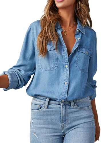 Tacdas Camicia in Denim da Donna con Bottoni, Casual, A Maniche Lunghe, con Scollo A V e Chambray Blu Scuro L