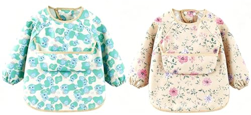 Quorumsg 2 Pcs Bavoir Manches Longues Bébé, Bavoir Imperméable Tablier | Tablier Bébé Ajustable pour 1-2 ans, Bavoir Intégral Anti-tache Adapté pour Manger, Jouer et Dessiner