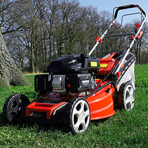 HECHT 5-IN-1 Benzin Rasenmäher – leistungsstarker 4 Takt Eco Motor 4,4 kW (6,0 PS) – Seilzug Starter – mit 53 cm Schnittbreite – 75 l Fangkorb – Radantrieb – patentierte Räder – EasyClean – Mulchmäher