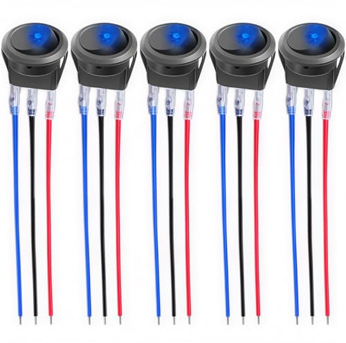 CESFONJER 5 pezzi DC 12V 20A LED set di pulsanti interruttore illuminato automaticamente, 12V interruttore a levetta rotante tondo pulsante per auto, barca, con luce a Blu LED (con 16AWG Fili)