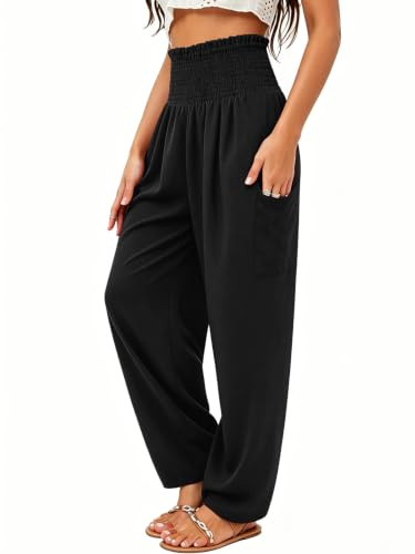 QIANXIZHAN Women's Harem Pants, High Waist Yoga Boho Trousers with Pockets Black S