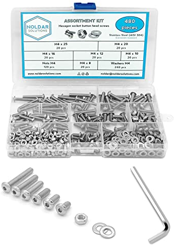 NOLDAR | Surtido de tornillos allen con cabeza botón, tuercas hexagonales y arandelas planas. Kit tornillería de acero inoxidable de 480 piezas. Métrico M4. Longitudes desde 8 mm hasta 25 mm.