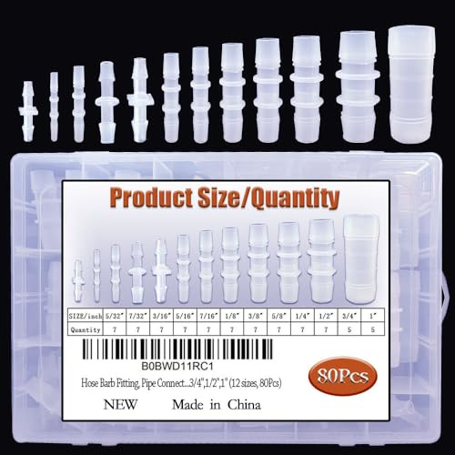 80Pcs Hose Barb Fitting, Pipe Connector Joint Splicer Mender Adapter Union for Aquarium Adapter Gas Liquid Air, for Hose ID 5/32,7/32,3/16,5/16,7/16,1/8,3/8,5/8,1/4, 3/4, 1/2,1 (12 sizes)