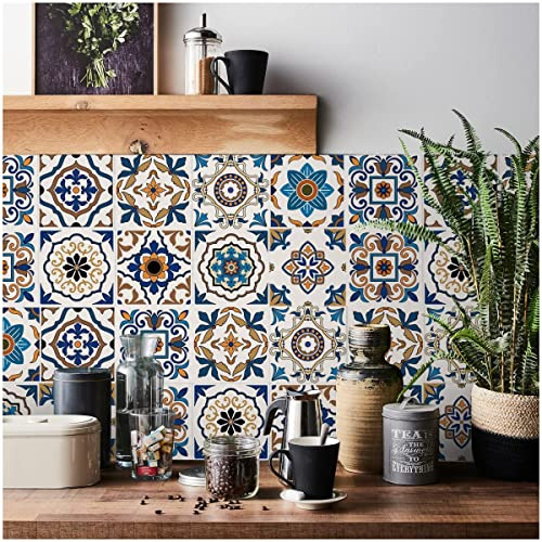 Moroccan Tile Stickers for Kitchen 24 pcs Bathroom Self Adhesive Tiles | Stick On Wall Waterproof Oil-Proof Vintage Mosaic Art (20cm x 20cm, 8x8 inches) for Stairs (BLUE ORANGE 2)