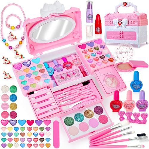 Lubibi Girls Makeup With 67 PCS Washable Toys, Non-Toxic Cosmetic Case, Necklace - Christmas Birthday Gifts for 4-10 Year Old Girls