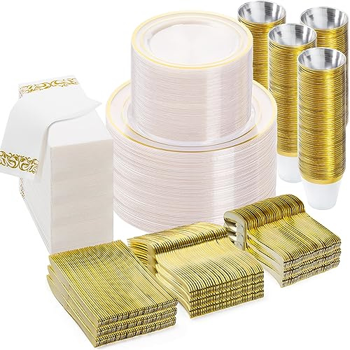BESTVIP 700PCS Clear Gold Disposable Dinnerware Set for 100 Guests, Plastic Plates for Party, Wedding, Christmas, Include: 200 Plastic Plates, 100 Gold Silverware, 100 Cups, 100 Napkins