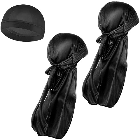 WLLHYF 3 Pieces Silky Durag Caps Black, Pirate Cap with Long Tail Head Wraps Sweat Wicking Beanie Skull Cap Bandana Hat Breathable Comfortable Headwrap Hat for Men Women