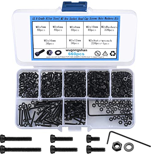 660 Pièces Vis M2 Jeu de Vis et Écrous et Rondelles, Boulon M2, Vis Boulon à Tête Hexagonale et Écrous, Vis a Six Pans Creux, Vis avec écrous Rondelles Assortiment Kit pour Moto Auto Mécaniques