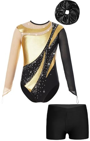 CHICTRY Kids Girls Gymnastics Leotard Rhinestone Mesh Long Sleeve Jumpsuit Tumbling Bodysuit with Dance Shorts Hair Band Set