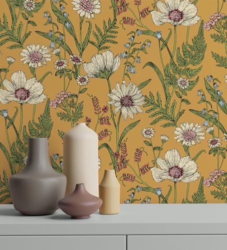 GAULAN 500682380 Papier peint vinyle de fleurs sauvages avec marguerites et coquelicots sur fond moutarde pour mur salon cuisine bain chambre couloir - Échantillon DIN A4