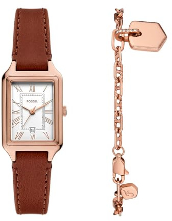 Fossil Raquel Uhr für Damen, Quarzwerk mit Edelstahl- oder Lederarmband Weinrot 8.7Lx8.7Wx7Hcm