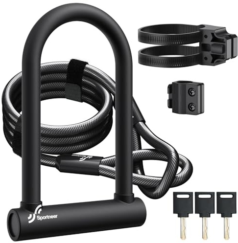 Sportneer Bike U Lock - 18mm Shackle Heavy Duty Bike Lock with 6ft Security Cable - Bicycle U-Locks with Sturdy Mounting Bracket for Road, Mountain, Electric and Folding Bike, Size 9.85''x6.3''
