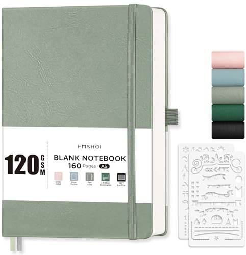 EMSHOI A5 Blank Notebook, Hardcover Journal, 160 Pages, 120GSM, Light Green
