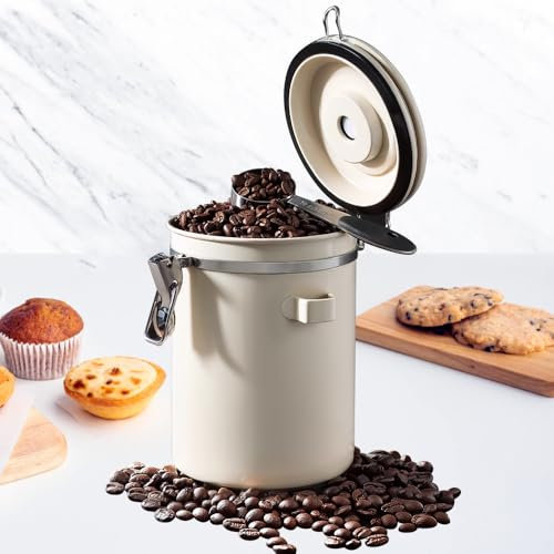 YBCCBY Boîte à Café Hermétique en Acier Inoxydable, Récipient à Grains de Café Coffee Vault Hermétique de Conservation avec Cadran de Date et Cuillère Doseuse pour Café en Grains, Thé, Noix (1,8L)
