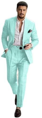 Veste 2 pièces en lin pour homme avec revers en pointe, léger et décontracté, smoking pour mariage d'affaires, Turquoise clair, L