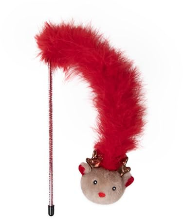 Rosewood Roxy Reindeer Cat Teaser Wand – Festive Catnip Toy with Feather Boa & Sparkly Tinsel Stick – Interactive Christmas Play for Cats & Kittens – Chase, Jump & Swat Holiday Cat Toy