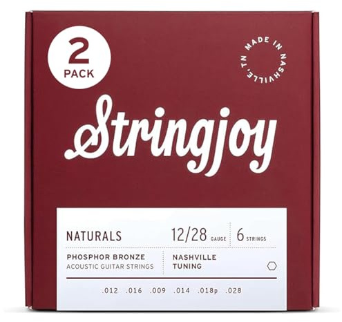 Stringjoy Nashville Tuning Gauge Naturals Phosphor Bronze Acoustic Guitar Strings 12-28, NB1228, Long-Lasting Clear & Shimmering Tone, 6 String Set, 2-Pack