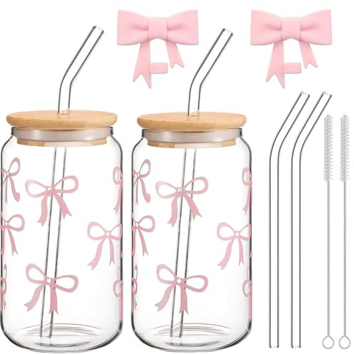 Exquilnova 16 oz rosa båge glaskoppar med lock och sugrör, set, 2 st 500 ml kaffekoppar med rengöringsborstar, återanvändbara söta glastumlare för te, kaffe, juice, gåvor för kvinnor, flickor (rosa