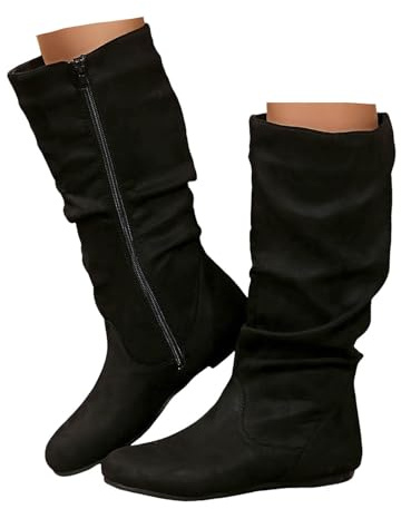 Xbemkste Bottes pour femme à demi-tige plates avec fermeture éclair, bout rond, bottes western en daim, hauteur moyenne, bottes élégantes, bottes à tige longue, bottes hautes pour femme, bottes
