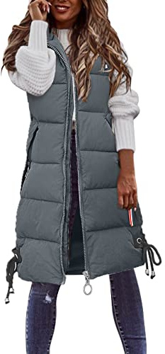 Generico Gilet in Piumino Cappotto Lungo Invernale da Donna Gilet con Cappuccio Cappotto Senza Maniche con Tasche Giacca Trapuntato Piumino da Donna Giacca Trapuntata per Le Mezze Stagioni (Grey, L)