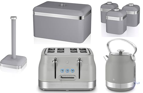 Swan Retro Grey 7 Piece Kitchen Set – StoveTop Inspired Traditional Design Revive Kettle & 4 Slice Toaster with Retro Breadbin, 3 Canisters & Kitchen Roll Holder Storage Set
