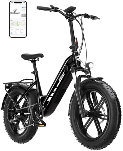 Bodywel F20Pro Bicicletas Eléctricas Adultos, 20x4” e-Bike Todo Terreno, 250W 48V 20Ah Batería, 7 Velocidades, Suspensión Ajustable, Frenos de Disco Doble- Plegable (Negro)