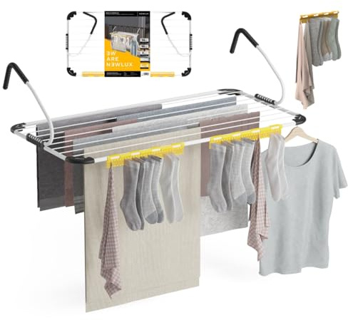Newlux - Tendedero Balcón XXL Horizon V14 de Metal (107x55.5x28cm). Tendedero barandilla Plegable con Capacidad 14M y Resistencia 10kg. Accesorio Calcetines. Ideal Interiores y Exteriores, Blanco