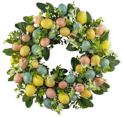 Goviraye 18inch Easter Egg Wreath for Front Door, 45cm Rustic Spring Door Wreath with Pastel Speckled Eggs & Lush Greenery, Artificial Easter Decoration for Front Door Indoor Covered Outdoor