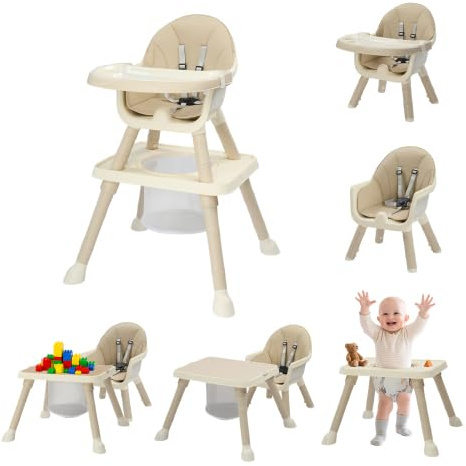 BONNLO Seggiolone Evolutivo per Bambini 7 IN 1, Imbottitura Confortevole, Doppio Vassoio, 6 Mesi-3 Anni 6-15 kg, Pieghevole Ultra Compatto, Leggero 4,9 kg, Grigio, Bianco crema