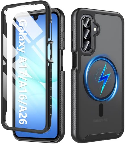 OWKEY Magnetic for Samsung A17 Phone Case with Screen Protector, 360° Full Body Mil-Grade Shockproof Protection, Matte Translucent Slim Rugged Protective Cover for Samsung Galaxy A17/A16/A26, Black
