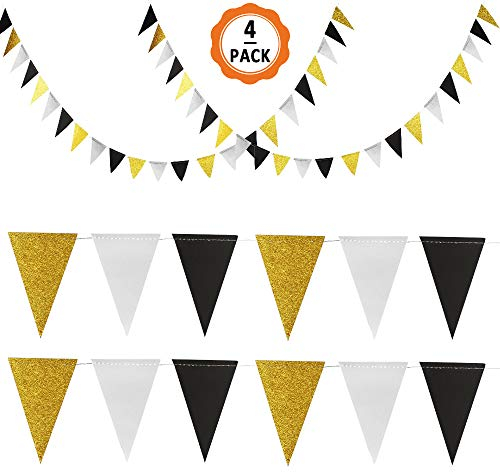 4pcs Banderines de Tela Banderas de Triángulo con Brillo de Doble Cara, Decoraciones de Bandera Triangular con Purpurina para Fiestas Cumpleaños Bodas（3 Metros por 1pcs, Dorado,Plata,Negro）