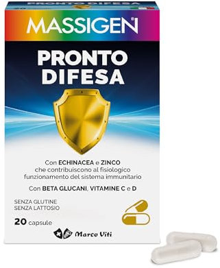 Massigen - Pronto Difesa Capsule, Integratore per le Difese Immunitarie con Echinacea e Zinco, Sostiene il Benessere Generale, 20 Capsule, Senza Glutine