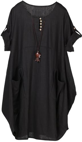 FTCayanz Femme T-Shirt Robe Manches Courtes Lin Coton Tunique Ample Casuel avec Grande Poches Noir 3XL