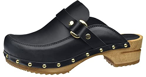 Sanita Lillen offener Clog | Original handgemacht | Leder-Holzclogs für Damen | Nachhaltige Sohle | Schwarz | 38 EU