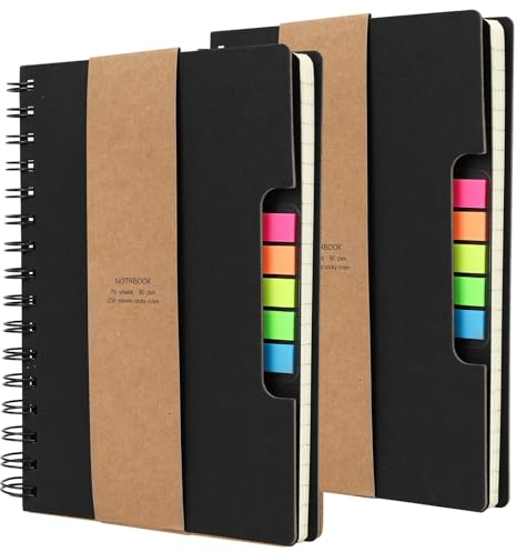 Simpolor 2 Stück Spiral Notizbuch Steno Business-Notizblock, breite linierte Notizbücher mit Haftnotizen und Index Tabs, Seitenmarkierungen für Schule, Büro, Geschäftsreisen (Schwarz-B)