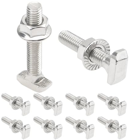 Rrina 10 Sets M8x60 304 Stainless Steel Hammer Head T-Slot Drop-in Stud Sliding Bolt Screw Flange Nut for 40 Series European Standard Aluminum Profile