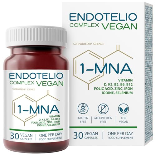 Endotelio 1-MNA Vegan, Integratore Anti-Età, Ottimizza Naturalmente NAD+ con D3, K2, B2, B6, B12, Acido Folico, Zinco, Ferro, Iodio, Selenio, 30 Compresse