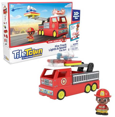 TILE TOWN Firetruck Magnetic Tiles Building Vehicle Playset With Lights & Sounds + Figure, Kids 3-5+, New ACTION TILES for Action Play, Realistic Builds, STEM Creative Toy, Great Gift for Boys & Girls