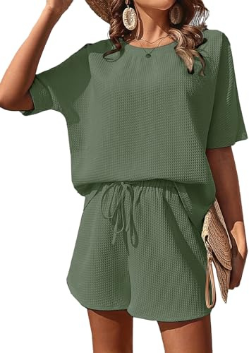 JFAN Conjuntos Chándal Mujer Verano Dos Piezas Conjunto Pantalones Cortos y Cuello Redondo Top Mujer Pantalones cortos con Cordón Ajustable para vacaciones en la playa