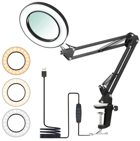 10X Magnifying Glass with Light and Stand, LED Magnifying Desk Lamp with Clamp,72LEDs & 5 Color Modes Magnifier Desk Lamp,for Craft Work Reading Sewing Painting Repair Crafts-Black
