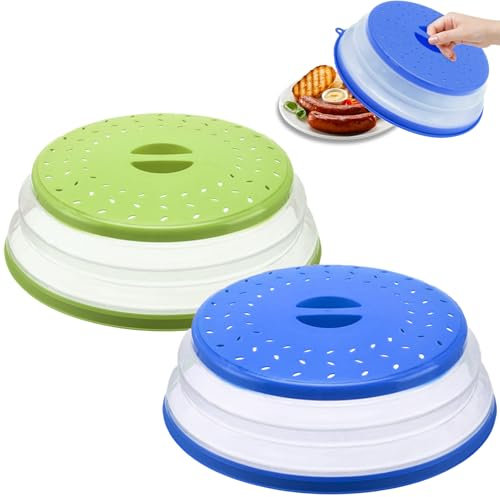 2-Pack 10.5 Inch Collapsible Microwave Splatter Cover | Silicone Food Lid with Steam Vents | Multi-Functional Fruit Basket Strainer - BPA-Free, Green+Blue